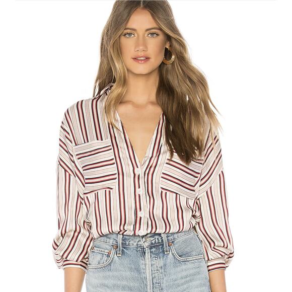 Free People Mad About You Red Striped Satin Deep Neckline Button Up Shirt Large - Picture 3 of 9